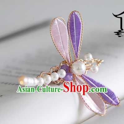Handmade Chinese Classical Pearls Hairpins Traditional Hair Accessories Ancient Hanfu Purple Silk Dragonfly Hair Claw for Women