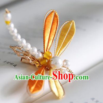 Handmade Chinese Classical Pearls Hairpins Traditional Hair Accessories Ancient Hanfu Yellow Silk Dragonfly Hair Claw for Women