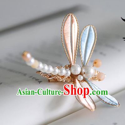 Handmade Chinese Classical Pearls Hairpins Traditional Hair Accessories Ancient Hanfu Pink Silk Dragonfly Hair Claw for Women