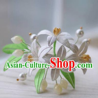 Handmade Chinese Classical Lily Flowers Hair Comb Traditional Hair Accessories Ancient Hanfu Court White Silk Hairpins for Women