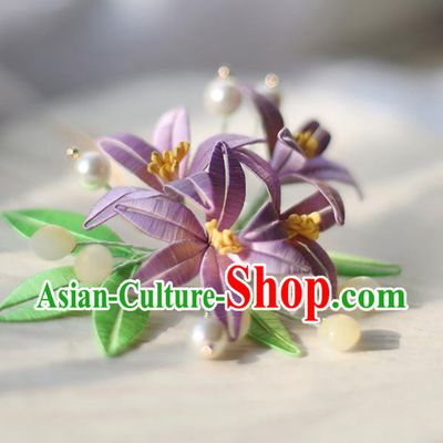 Handmade Chinese Classical Lily Flowers Hair Comb Traditional Hair Accessories Ancient Hanfu Court Lilac Silk Hairpins for Women
