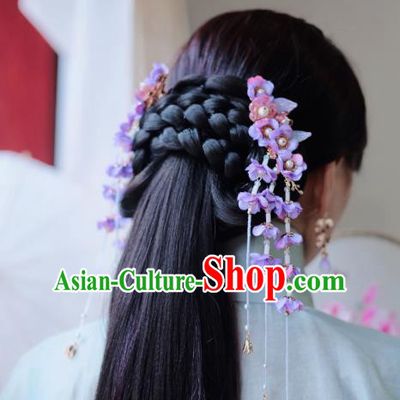 Handmade Chinese Classical Purple Silk Wisteria Hair Claw Traditional Hair Accessories Ancient Hanfu Hairpins Tassel Hair Stick for Women