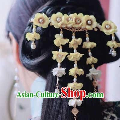 Handmade Chinese Classical Yellow Silk Wisteria Hair Claw Traditional Hair Accessories Ancient Hanfu Hairpins Tassel Hair Stick for Women