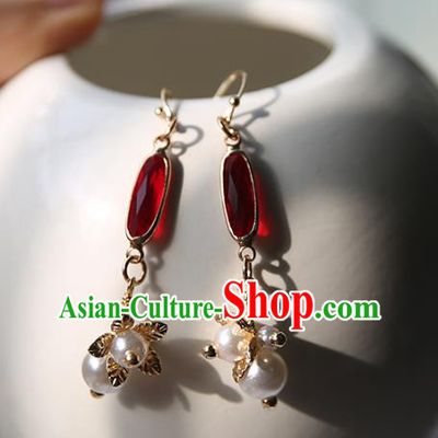 Traditional Chinese Handmade Red Gem Earrings Ancient Hanfu Ear Accessories for Women