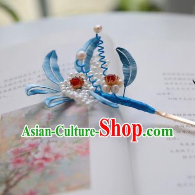 Handmade Chinese Classical Blue Silk Leaf Hairpins Traditional Hair Accessories Ancient Qing Dynasty Court Pearls Hair Clip for Women