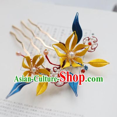 Handmade Chinese Classical Yellow Silk Flowers Hairpins Traditional Hair Accessories Ancient Qing Dynasty Court Hair Comb for Women