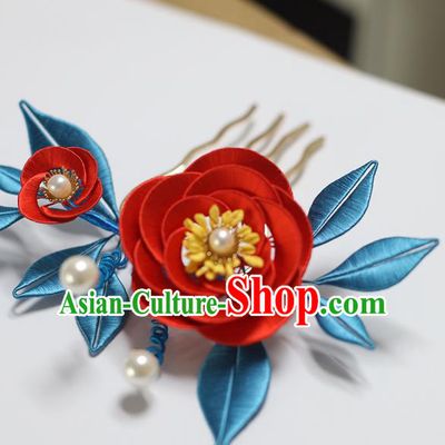 Handmade Chinese Classical Silk Flowers Hairpins Traditional Hair Accessories Ancient Qing Dynasty Court Red Camellia Hair Clip for Women