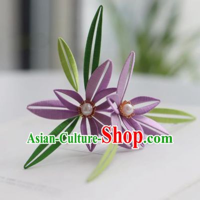 Handmade Chinese Classical Purple Silk Flowers Hairpins Traditional Hair Accessories Ancient Qing Dynasty Court Orchid Hair Clip for Women
