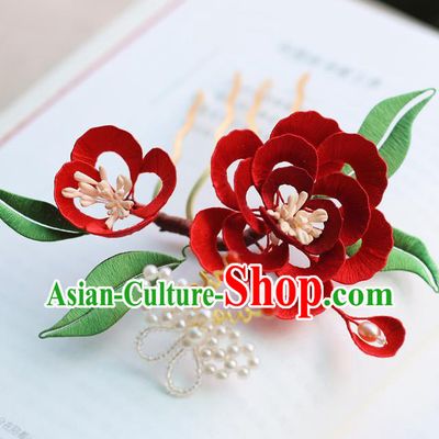 Handmade Chinese Classical Silk Flowers Hairpins Traditional Hair Accessories Ancient Qing Dynasty Court Red Peony Hair Comb for Women