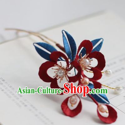 Handmade Chinese Classical Pearls Hairpins Traditional Hair Accessories Ancient Qing Dynasty Court Wine Red Silk Flower Hair Clip for Women