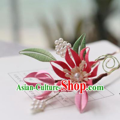 Handmade Chinese Classical Court Hairpins Traditional Hair Accessories Ancient Qing Dynasty Pink Silk Flower Hair Clip for Women