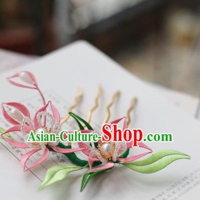 Handmade Chinese Classical Court Pearls Hairpins Traditional Hair Accessories Ancient Qing Dynasty Pink Silk Flower Hair Comb for Women