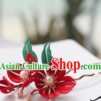 Handmade Chinese Classical Court Red Silk Flowers Hairpins Traditional Hair Accessories Ancient Qing Dynasty Hair Clip for Women