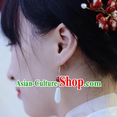 Traditional Chinese Handmade Red Agate Earrings Ancient Hanfu Pearl Ear Accessories for Women