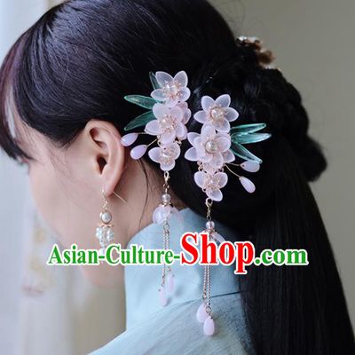 Handmade Chinese Classical Pink Sakura Hairpins Traditional Hair Accessories Ancient Hanfu Tassel Hair Claws for Women