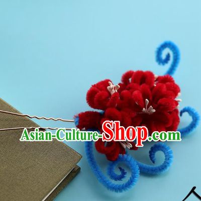 Handmade Chinese Qing Dynasty Hairpins Traditional Classical Hair Accessories Ancient Red Velvet Chrysanthemum Hair Clip for Women