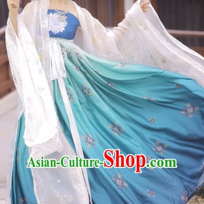 Chinese Tang Dynasty Princess Cloak and Blue Dress Traditional Hanfu Garment Ancient Court Women Historical Costumes Full Set