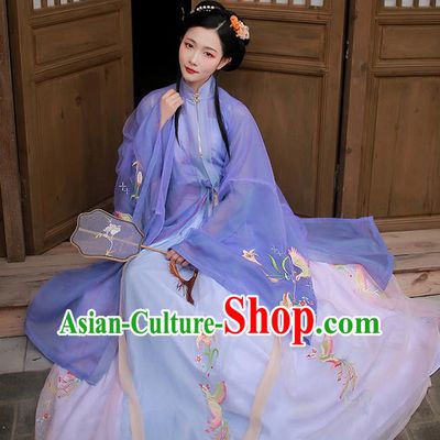 Chinese Traditional Ming Dynasty Hanfu Garment Ancient Noble Lady Historical Costumes Purple Long Blouse and Skirt Complete Set