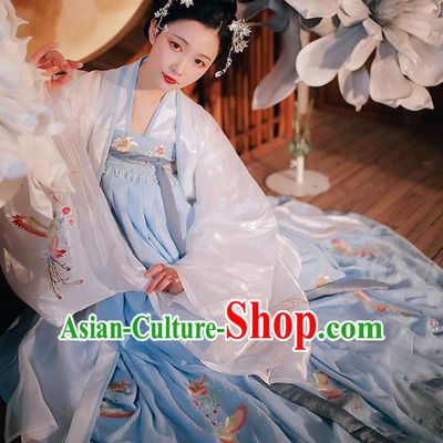 Chinese Traditional Tang Dynasty Court Woman Hanfu Garment Ancient Princess Historical Costumes White Cloak Blouse and Blue Dress Full Set