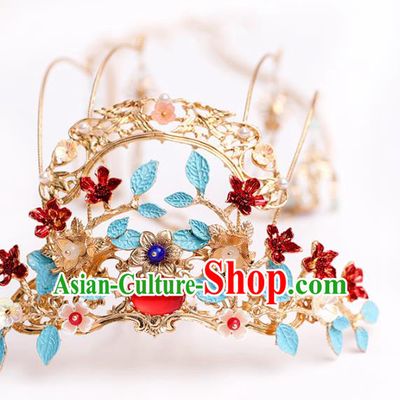 Chinese Classical Wedding Red Flowers Hair Crown Traditional Bride Hair Accessories Handmade Hanfu Golden Tassel Phoenix Coronet Full Set