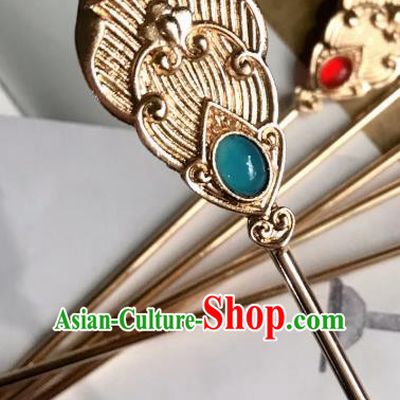 Handmade Chinese Tang Dynasty Blue Glass Hair Clip Traditional Hair Accessories Ancient Court Golden Hairpins for Women