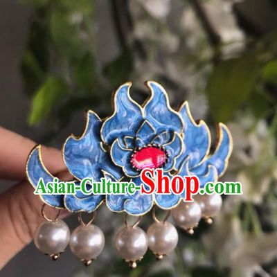 Chinese Classical Wedding Blue Lotus Hair Crown Handmade Traditional Bride Hair Accessories Tassel Hairpins