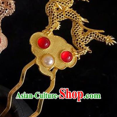 Handmade Chinese Tang Dynasty Golden Dragon Hair Clip Traditional Hair Accessories Ancient Court Red Agete Hairpins for Women