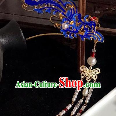 Handmade Chinese Ming Dynasty Beads Tassel Hair Clip Traditional Hair Accessories Ancient Court Blueing Phoenix Hairpins for Women