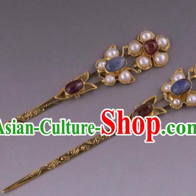 Handmade Chinese Tang Dynasty Blue Stone Hair Clip Traditional Hair Accessories Ancient Court Queen Pearls Hairpins for Women