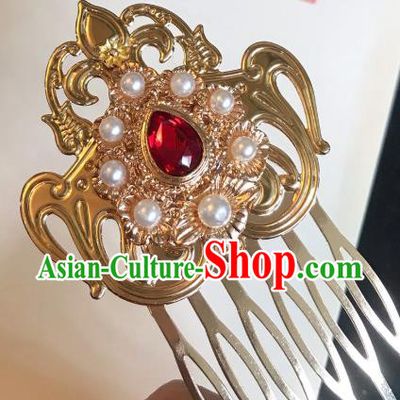 Handmade Chinese Tang Dynasty Golden Hair Comb Traditional Hair Accessories Ancient Court Red Crystal Hairpins for Women
