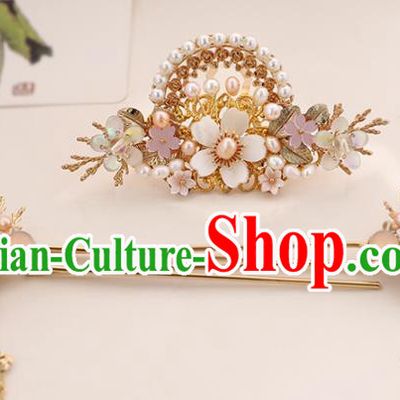 Chinese Classical Wedding Pearls Hair Crown Traditional Bride Hair Accessories Handmade Hanfu Tassel Hairpins and Hair Comb Full Set