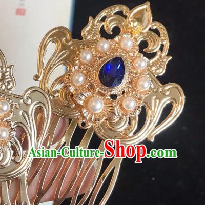 Handmade Chinese Tang Dynasty Golden Hair Comb Traditional Hair Accessories Ancient Court Royalblue Crystal Hairpins for Women