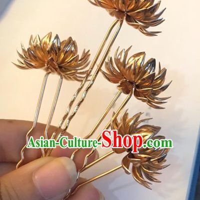 Handmade Chinese Tang Dynasty Princess Hair Clip Traditional Hair Accessories Ancient Court Golden Lotus Hairpins for Women