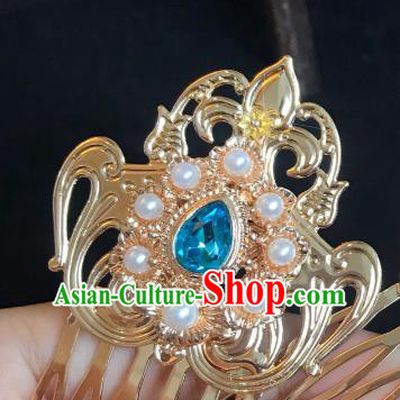 Handmade Chinese Tang Dynasty Golden Hair Comb Traditional Hair Accessories Ancient Court Blue Crystal Hairpins for Women