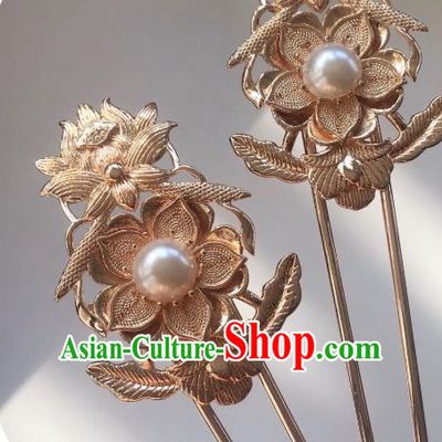 Handmade Chinese Tang Dynasty Court Queen Pearl Hair Clip Traditional Hair Accessories Ancient Golden Lotus Hairpins for Women