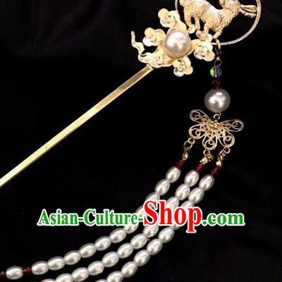 Handmade Chinese Tang Dynasty Pearls Tassel Hair Clip Traditional Hair Accessories Ancient Golden Rabbit Hairpins for Women