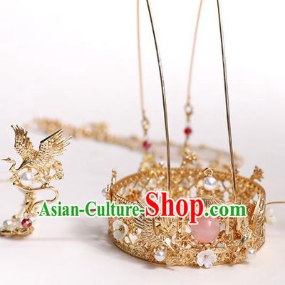 Chinese Classical Wedding Golden Crane Tassel Hair Crown Traditional Bride Hair Accessories Handmade Hanfu Round Phoenix Coronet