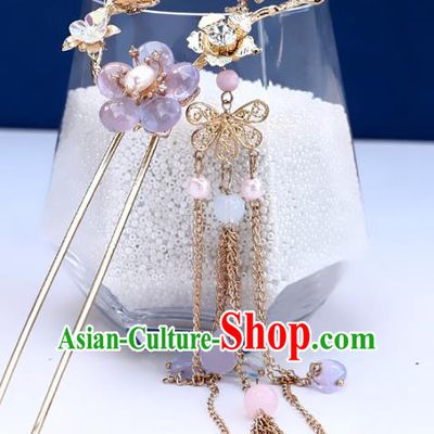 Handmade Chinese Classical Lilac Plum Hairpins Traditional Hair Accessories Ancient Hanfu Court Tassel Hair Clip for Women