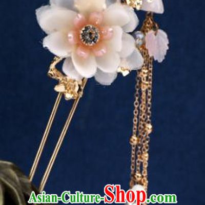 Handmade Chinese Classical Tassel Hairpins Traditional Hair Accessories Ancient Hanfu Court Champagne Silk Flowers Hair Clip for Women