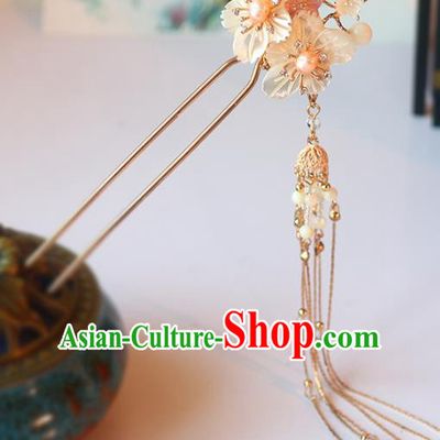 Handmade Chinese Classical Shell Plum Hair Clip Traditional Hair Accessories Ancient Hanfu Golden Tassel Hairpins for Women