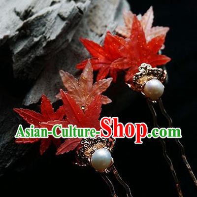 Handmade Chinese Classical Red Maple Leaf Hair Clip Traditional Hair Accessories Ancient Hanfu Pearl Hairpins for Women
