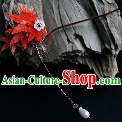 Handmade Chinese Classical Red Maple Leaf Hair Clip Traditional Hair Accessories Ancient Hanfu Pearl Tassel Hairpins for Women