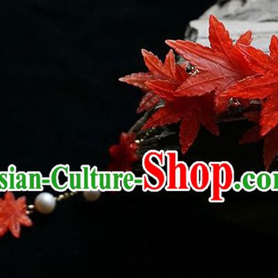 Handmade Chinese Classical Red Maple Leaf Hair Claw Traditional Hair Accessories Ancient Hanfu Tassel Hair Stick for Women