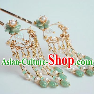 Handmade Chinese Green Beads Tassel Hair Clip Traditional Hair Accessories Ancient Hanfu Classical Shell Flower Hairpins for Women