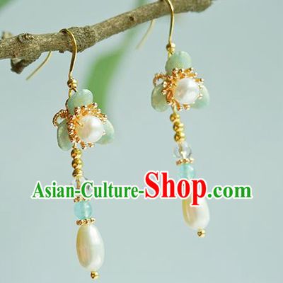 Chinese Handmade Green Flower Earrings Traditional Hanfu Ear Jewelry Accessories Classical Pearl Tassel Eardrop for Women