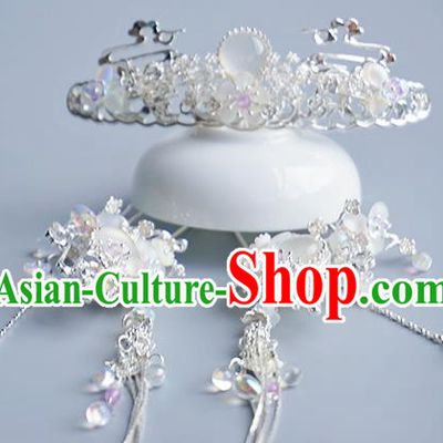 Chinese Classical Wedding Albite Hair Comb Traditional Bride Hair Accessories Handmade Hanfu Argent Tassel Hairpins Complete Set
