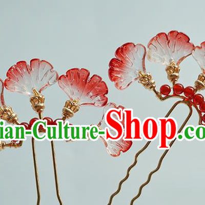 Handmade Chinese Red Ginkgo Leaf Hair Clip Traditional Hair Accessories Ancient Hanfu Classical Argent Hairpins for Women