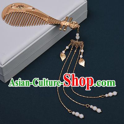 Chinese Traditional Hanfu Tassel Hair Comb Hair Accessories Handmade Tang Dynasty Golden Lute Hairpins for Women