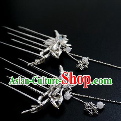 Handmade Chinese Argent Bamboo Hair Comb Traditional Hair Accessories Ancient Hanfu Classical Tassel Hairpins for Women