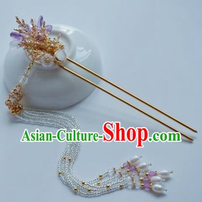 Handmade Chinese Beads Tassel Hair Clip Traditional Hair Accessories Ancient Hanfu Amethyst Flower Hairpins for Women